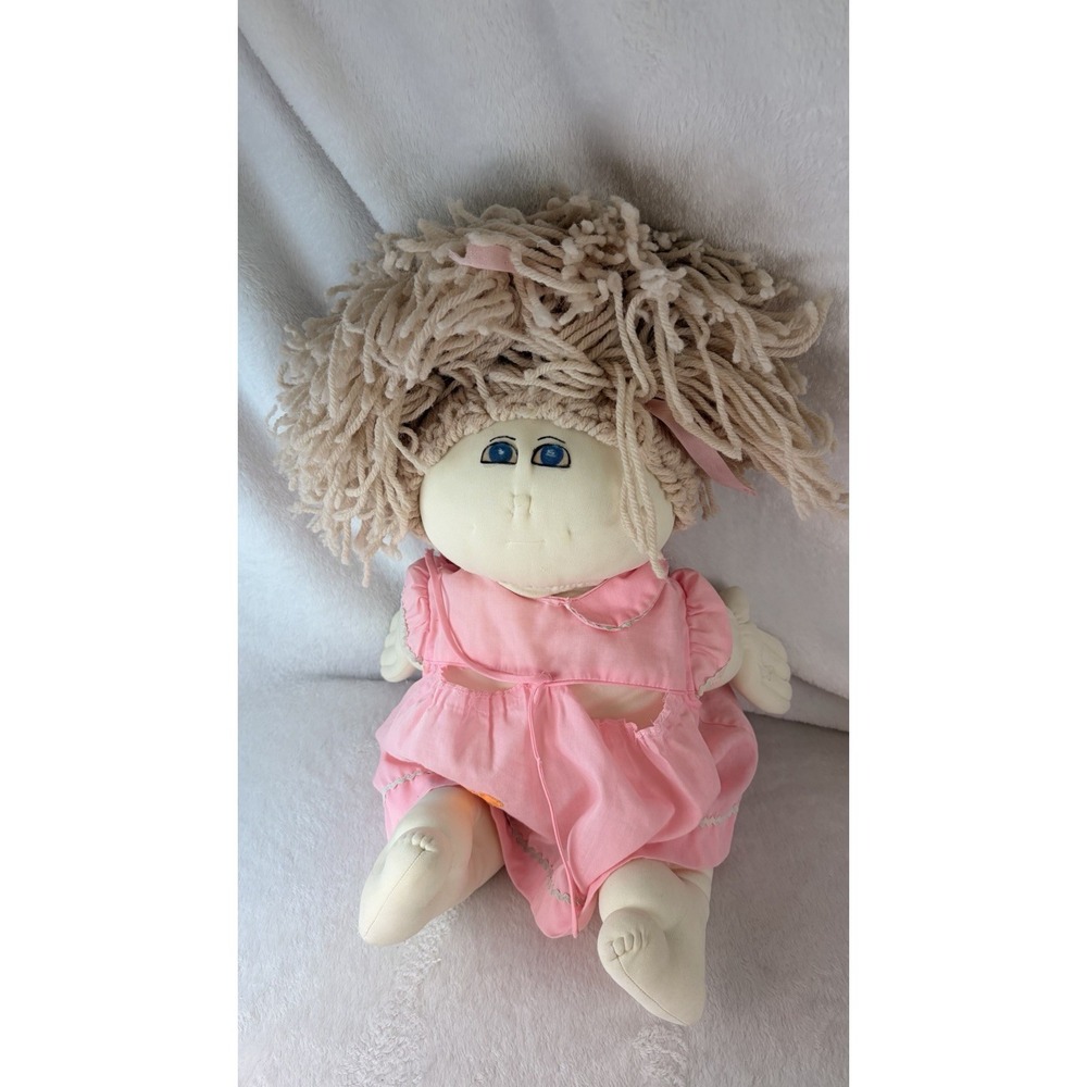 Vtg 1980s Handmade Soft Sculpture Cloth Doll Cabbage Patch Style Blue Eyes As Is